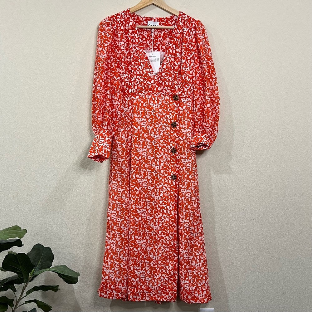 GANNI F6901 Mini Floral Button Wrap Crepe Midi Dress Size EU 34 - Picture 2 of 9